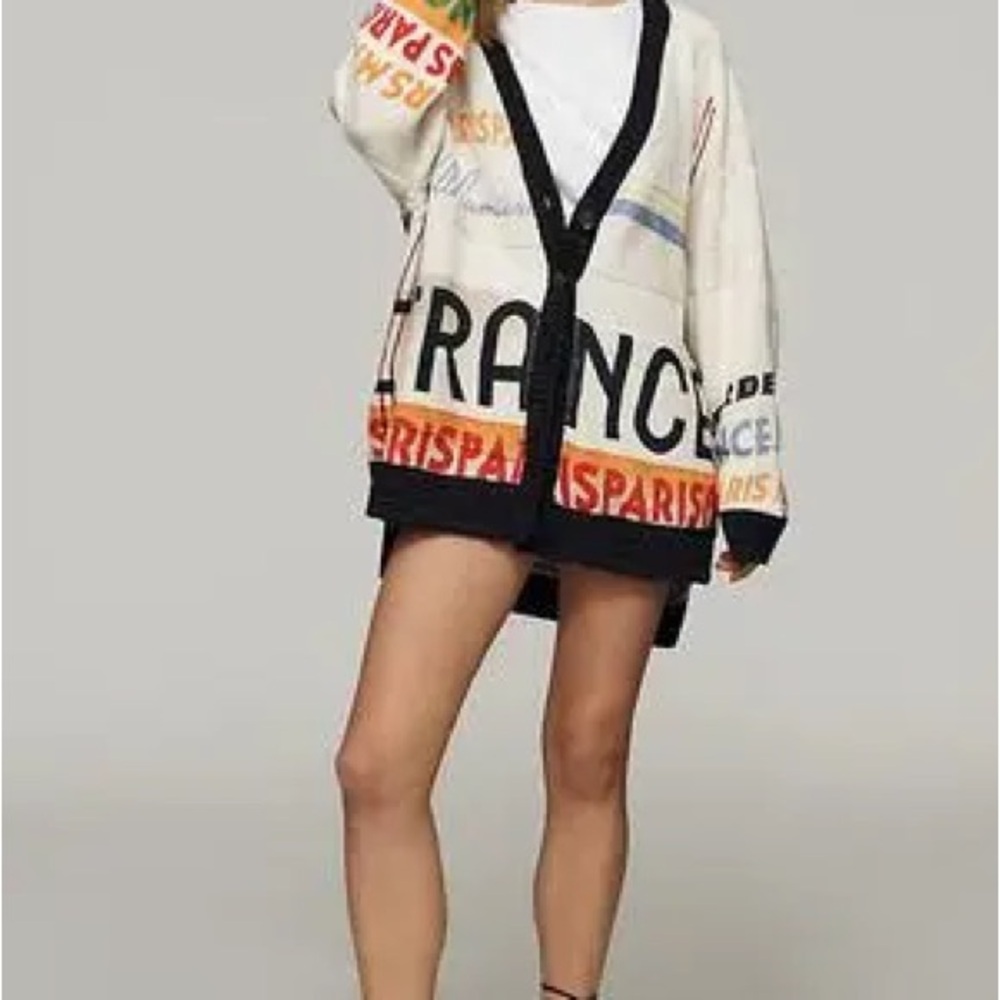 Maeve Cream Graphic Button-Front Cardigan with Black Trim